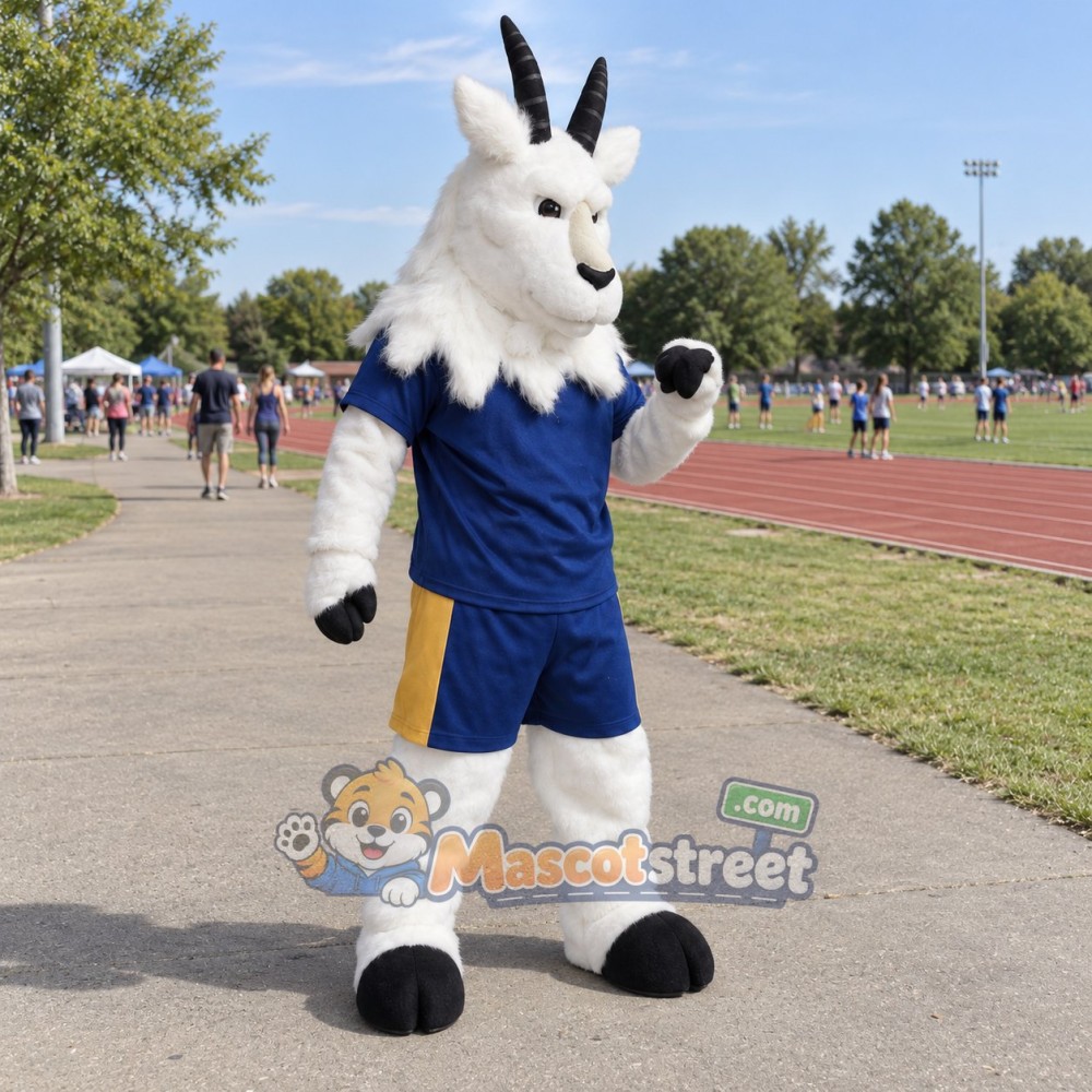White Goat Mascot Costume with Blue Sports Uniform White Goat Mascot Costume with Blue Sports Uniform