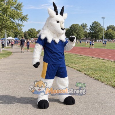 White Goat Mascot Costume with Blue Sports Uniform White Goat Mascot Costume with Blue Sports Uniform