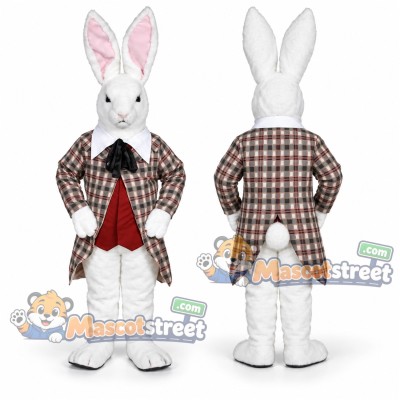 White Rabbit Mascot Costume with Plaid Coat and Red Vest