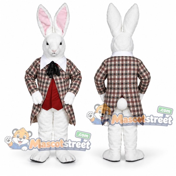 White Rabbit Mascot Costume with Plaid Coat and Red Vest