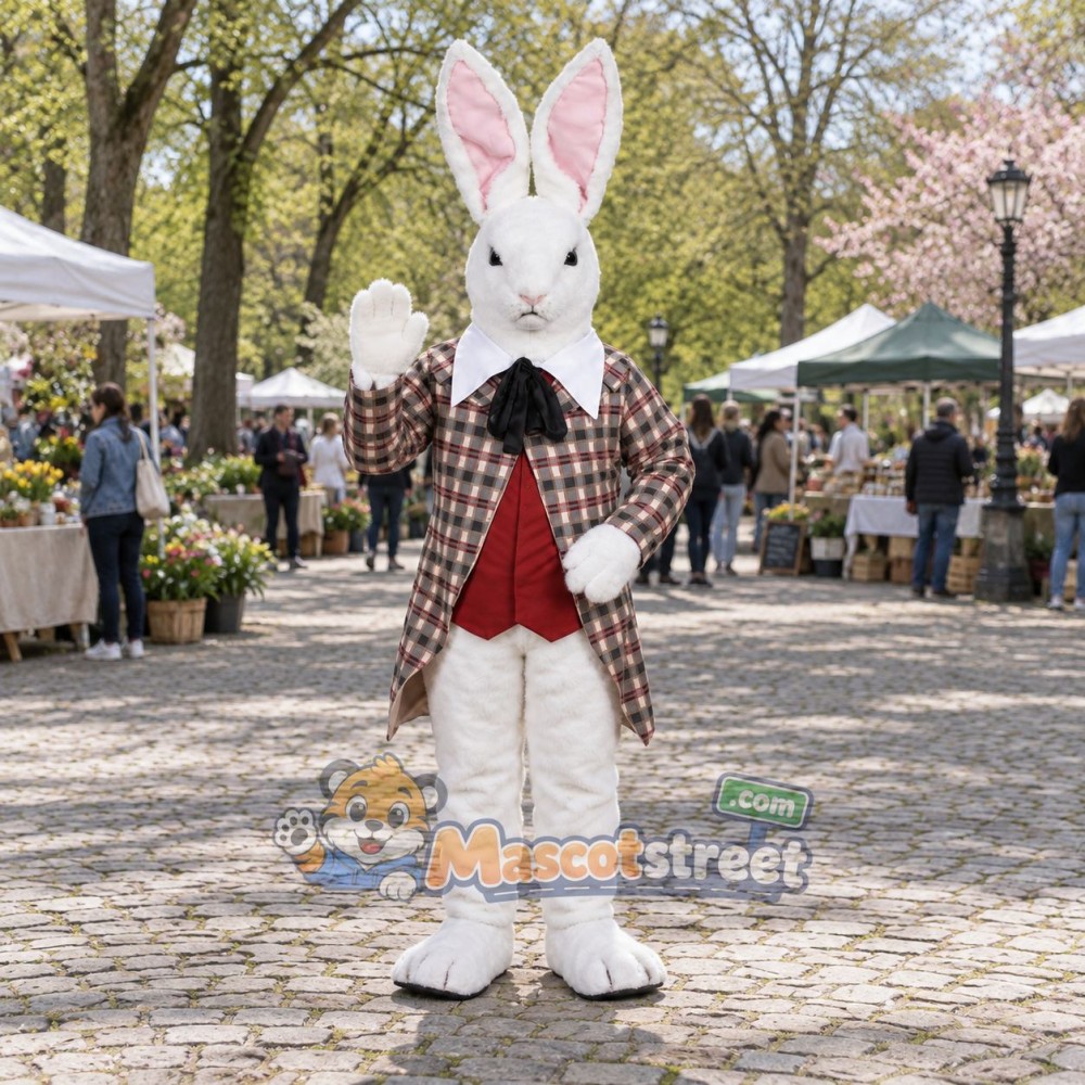 White Rabbit Mascot Costume with Plaid Coat and Red Vest