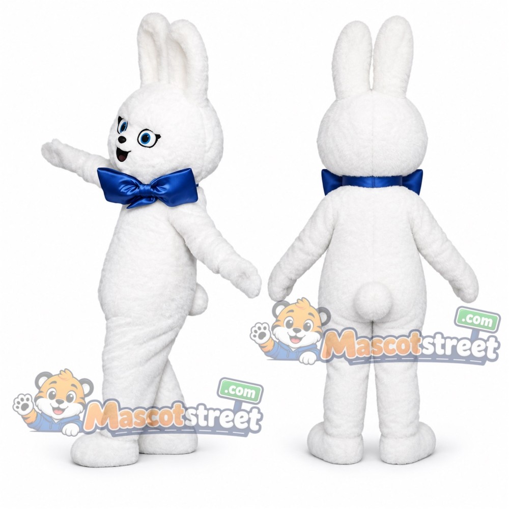 White Rabbit Mascot Costume with Blue Bow Tie White Rabbit Mascot Costume with Blue Bow Tie