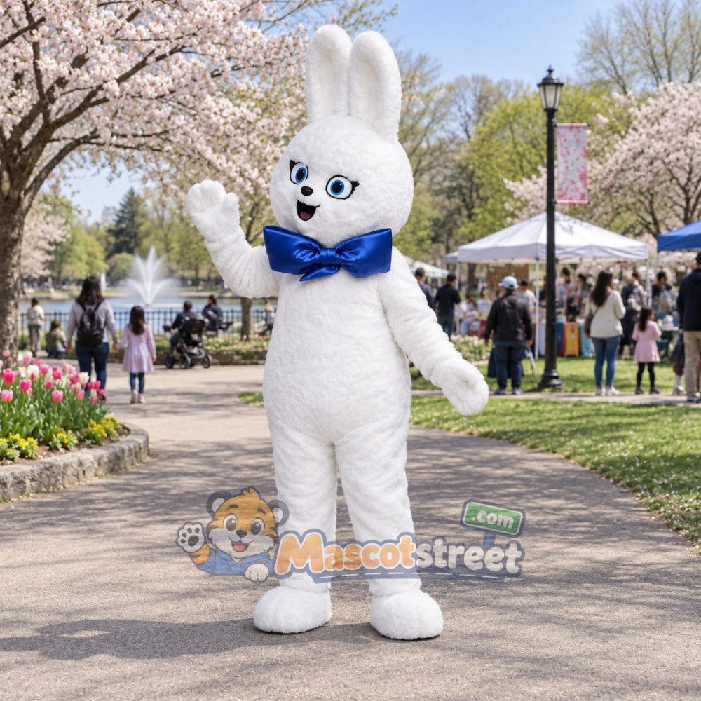White Rabbit Mascot Costume with Blue Bow Tie White Rabbit Mascot Costume with Blue Bow Tie