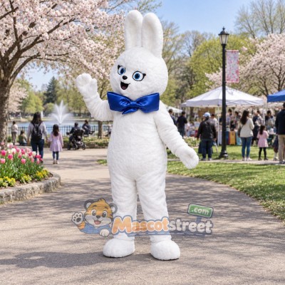 White Rabbit Mascot Costume with Blue Bow Tie
