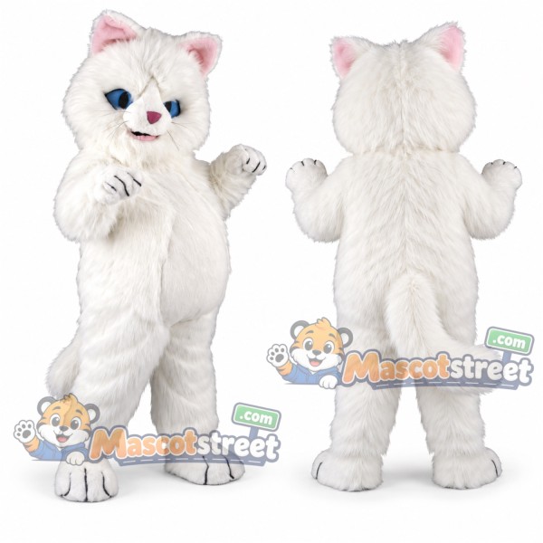 White Cat Mascot Costume with Shaggy Fur