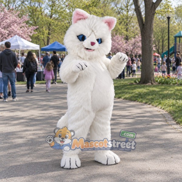 White Cat Mascot Costume with Shaggy Fur