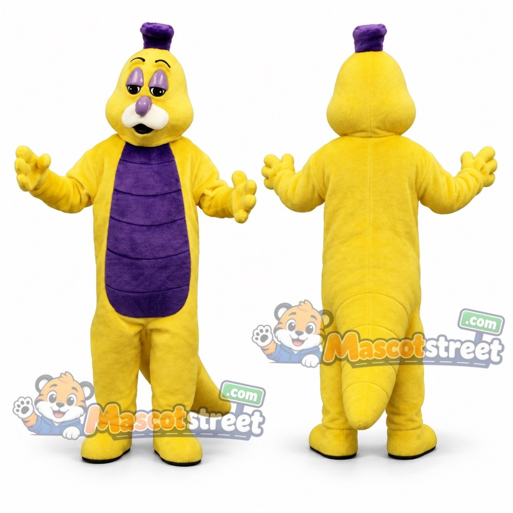 Yellow Worm Mascot Costume with Purple Vest and Hat Yellow Worm Mascot Costume with Purple Vest and Hat