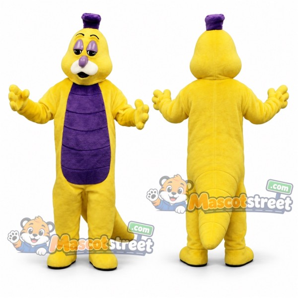 Yellow Worm Mascot Costume with Purple Vest and Hat