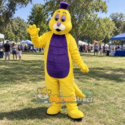Yellow Worm Mascot Costume with Purple Vest and Hat Yellow Worm Mascot Costume with Purple Vest and Hat