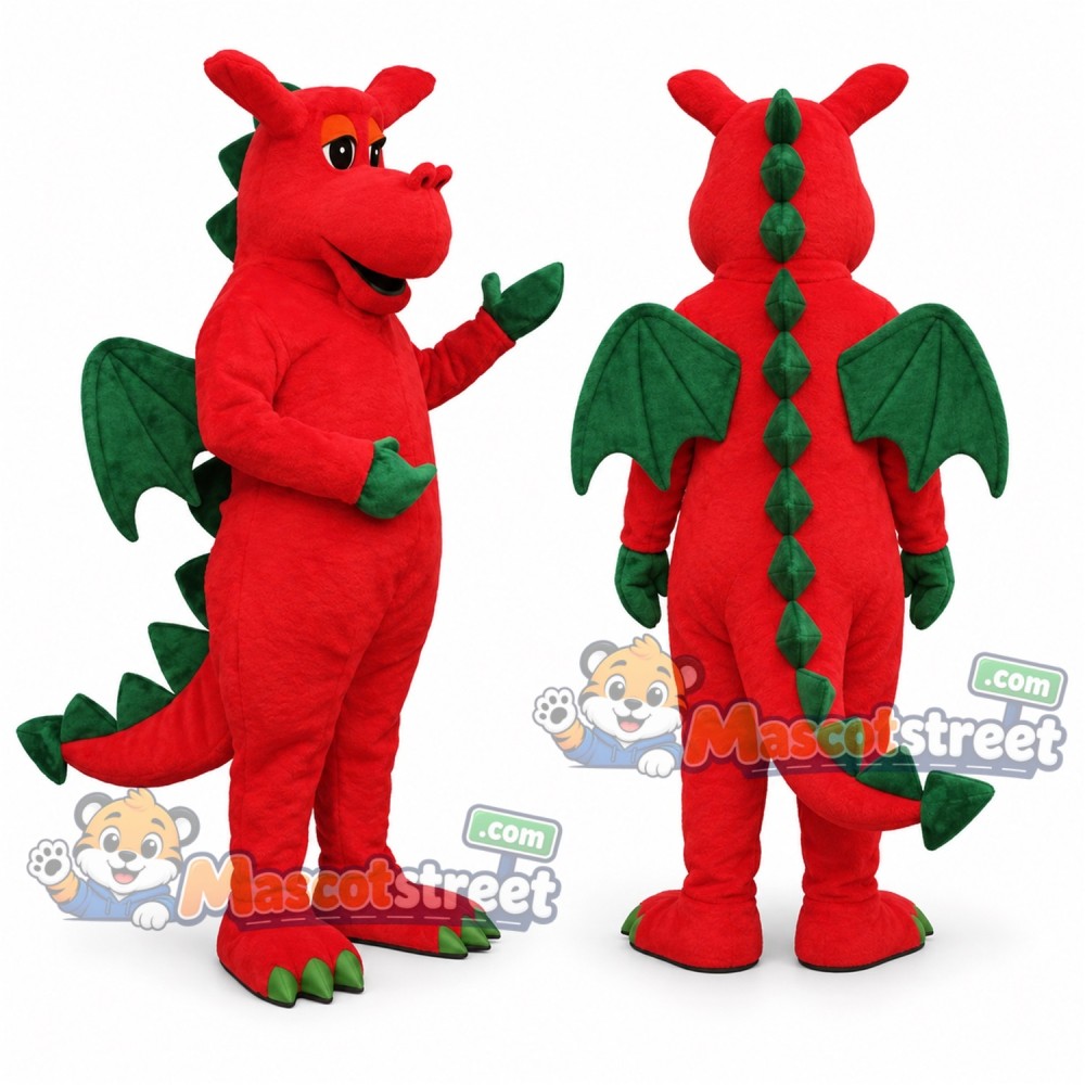 Red Dragon Mascot Costume with Green Wings