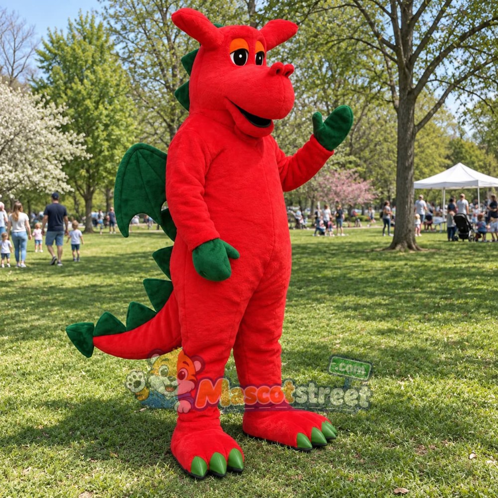 Red Dragon Mascot Costume with Green Wings