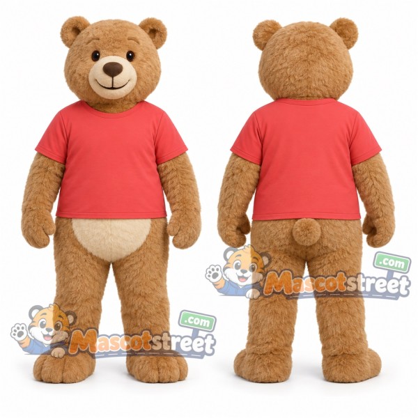 Tan Bear Mascot Costume with Red Shirt