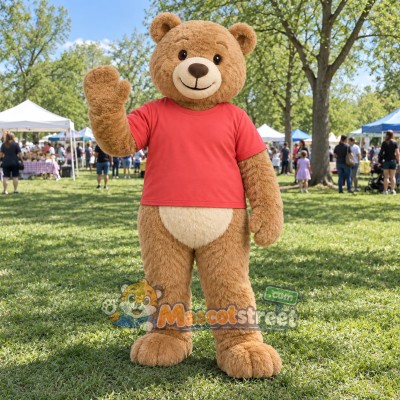 Tan Bear Mascot Costume with Red Shirt Tan Bear Mascot Costume with Red Shirt