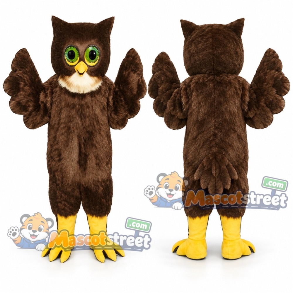 Brown Owl Mascot Costume with Green Eye Patches Brown Owl Mascot Costume with Green Eye Patches