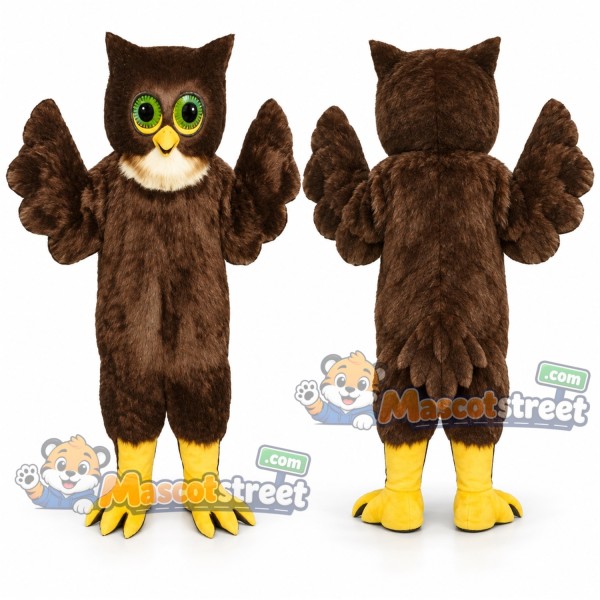 Brown Owl Mascot Costume with Green Eye Patches
