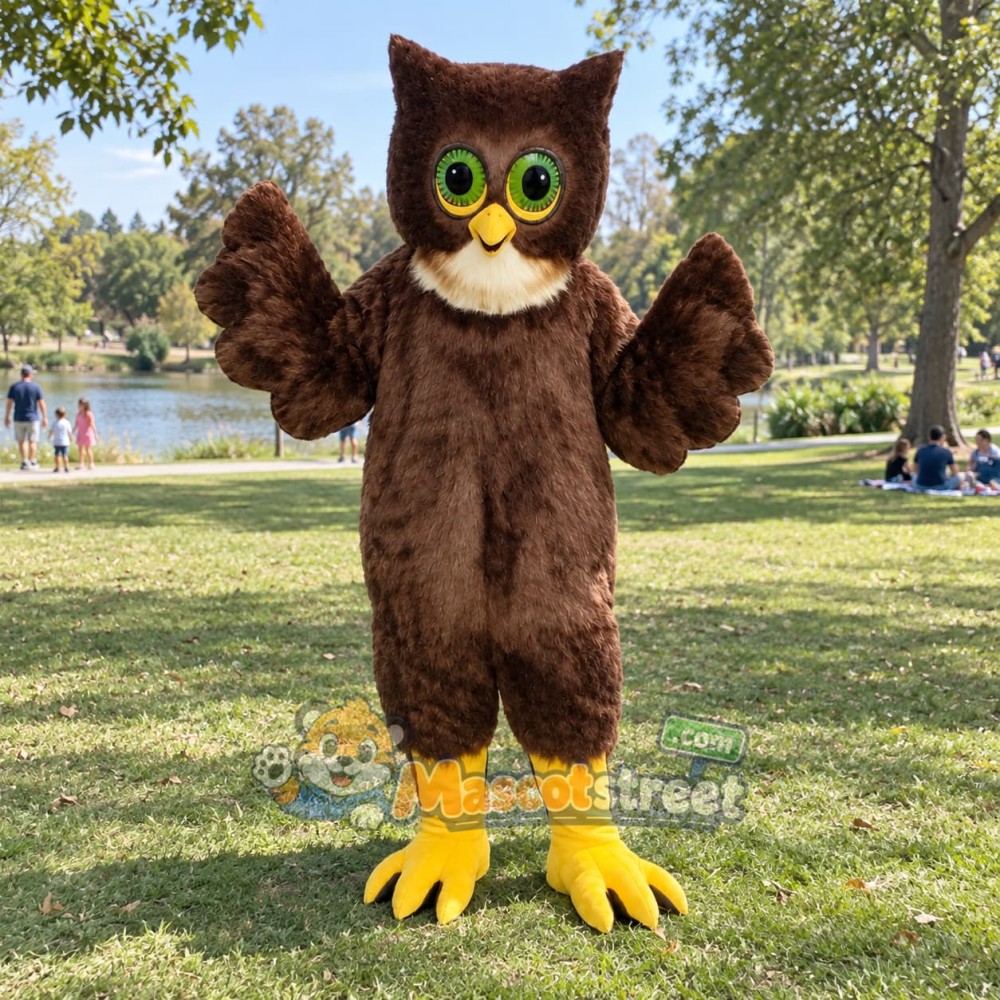 Brown Owl Mascot Costume with Green Eye Patches Brown Owl Mascot Costume with Green Eye Patches