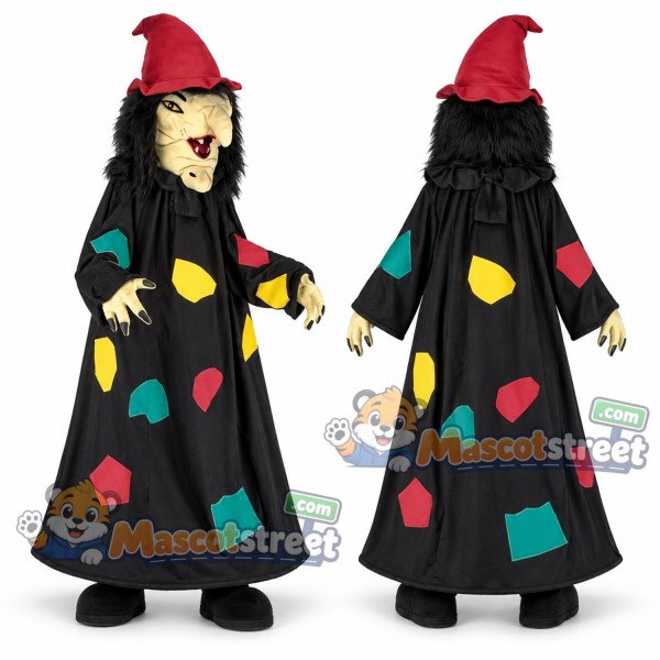 Witch Mascot Costume with Black Patchwork Dress and Red Hat