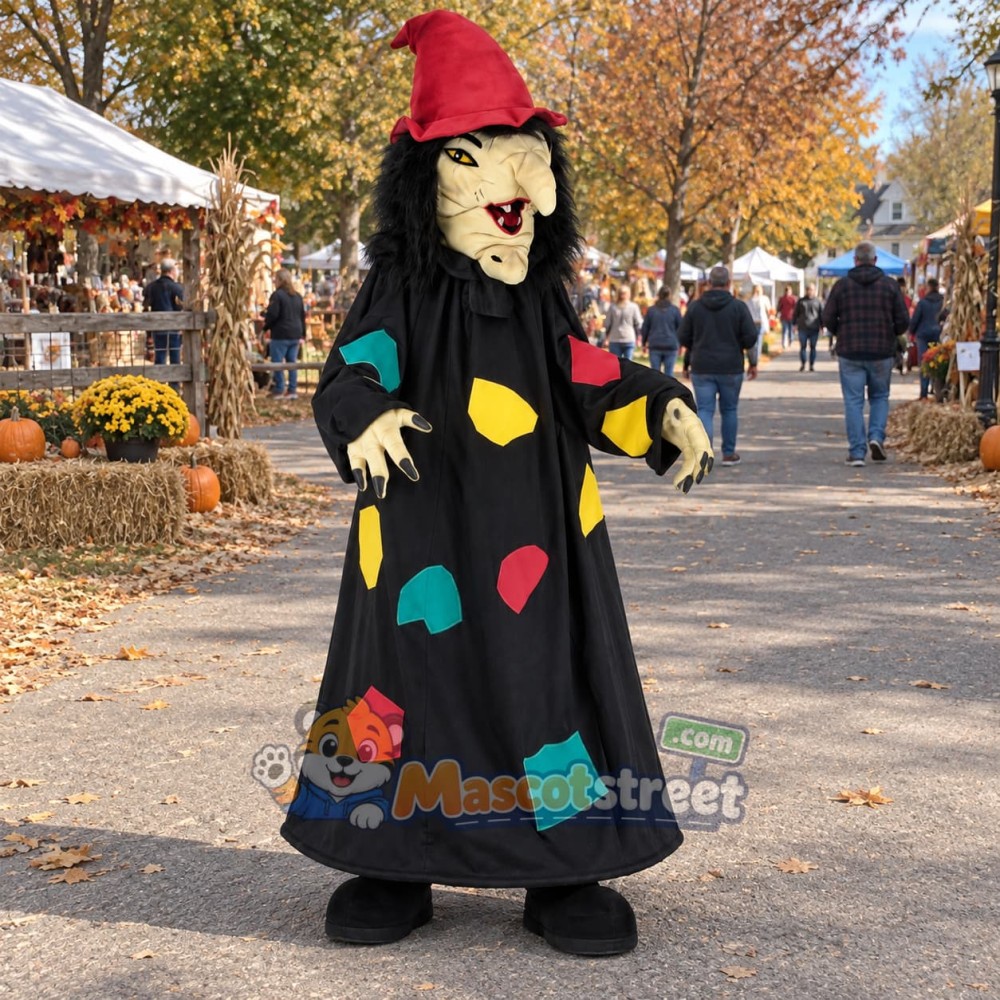 Witch Mascot Costume with Black Patchwork Dress and Red Hat Witch Mascot Costume with Black Patchwork Dress and Red Hat