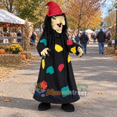 Witch Mascot Costume with Black Patchwork Dress and Red Hat Witch Mascot Costume with Black Patchwork Dress and Red Hat