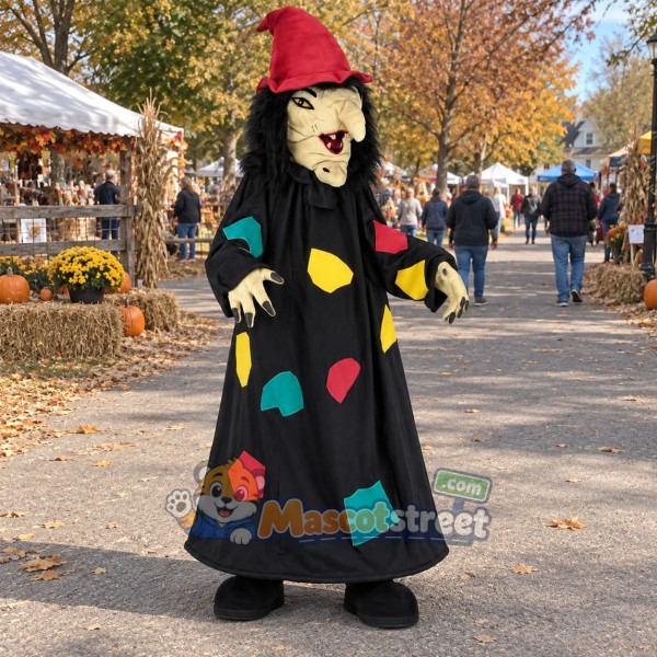 Witch Mascot Costume with Black Patchwork Dress and Red Hat
