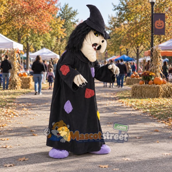 Witch Mascot Costume with Black Patchwork Dress and Pointed Hat