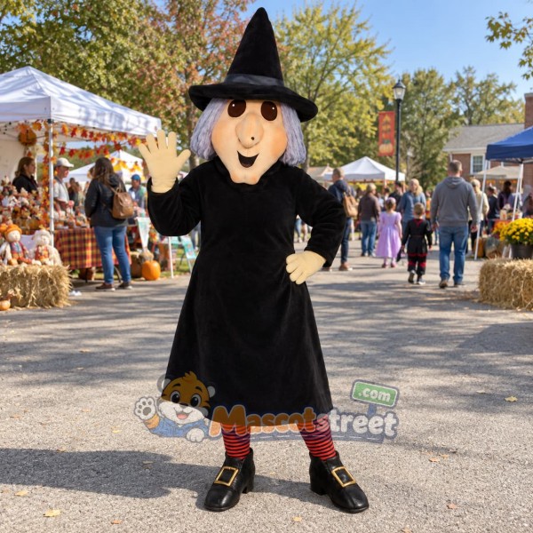 Witch Mascot Costume with Black Dress and Pointed Hat