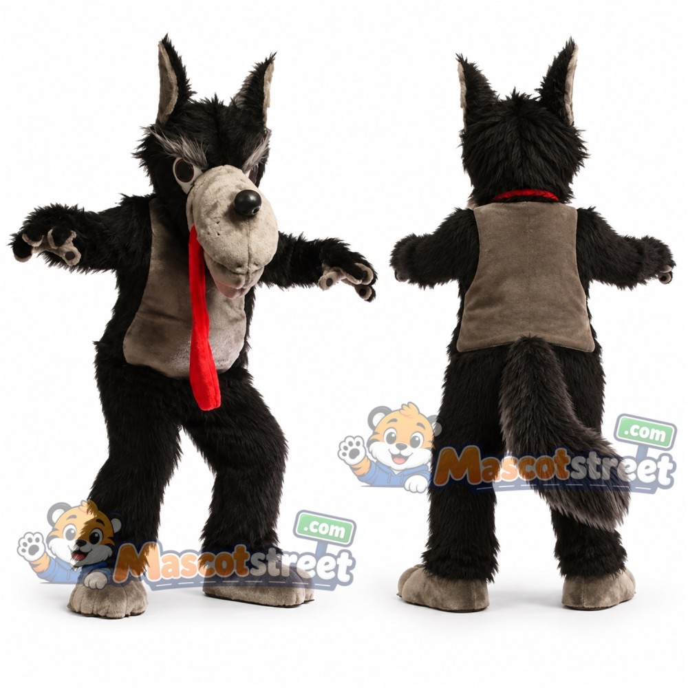 Black Wolf Mascot Costume with Brown Vest and Red Tie Black Wolf Mascot Costume with Brown Vest and Red Tie