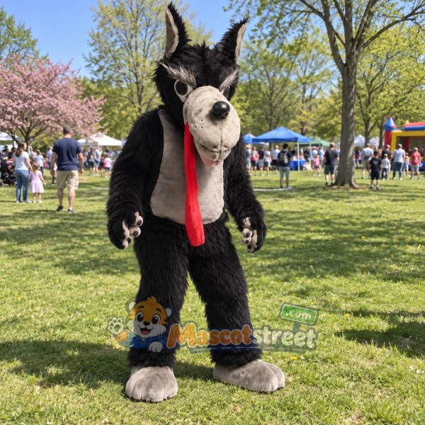 Black Wolf Mascot Costume with Brown Vest and Red Tie