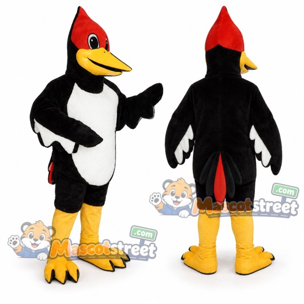 Black and White Woodpecker Mascot Costume with Red Crest