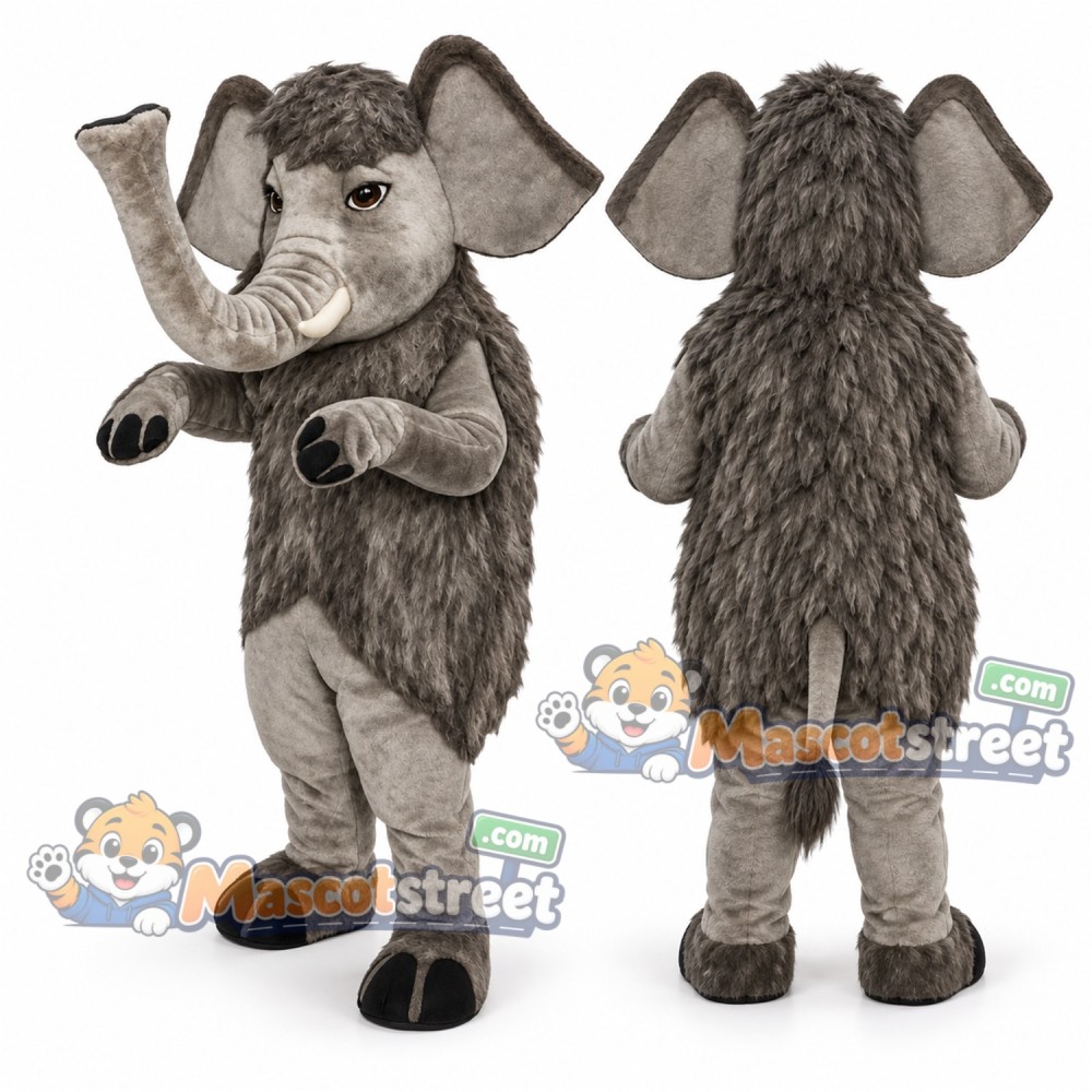 Gray Woolly Mammoth Mascot Costume with White Tusks Gray Woolly Mammoth Mascot Costume with White Tusks