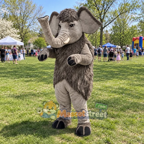 Gray Woolly Mammoth Mascot Costume with White Tusks