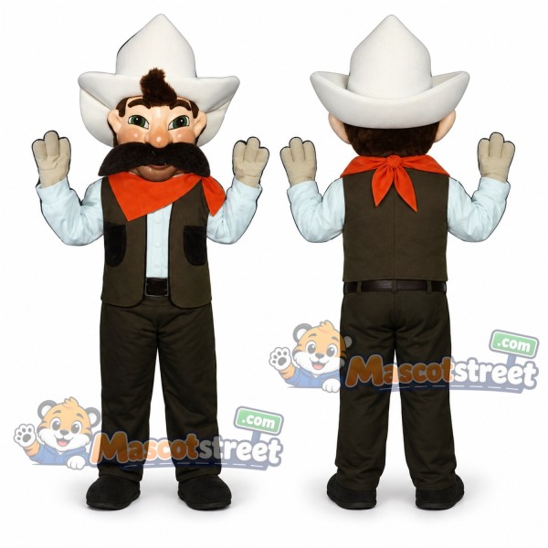 Cowboy Mascot Costume with Brown Outfit and White Hat