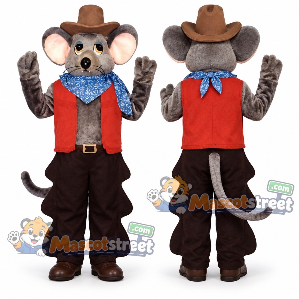 Gray Rat Mascot Costume with Red Vest and Cowboy Hat Gray Rat Mascot Costume with Red Vest and Cowboy Hat