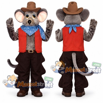 Gray Rat Mascot Costume with Red Vest and Cowboy Hat Gray Rat Mascot Costume with Red Vest and Cowboy Hat