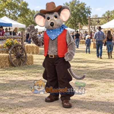 Gray Rat Mascot Costume with Red Vest and Cowboy Hat Gray Rat Mascot Costume with Red Vest and Cowboy Hat