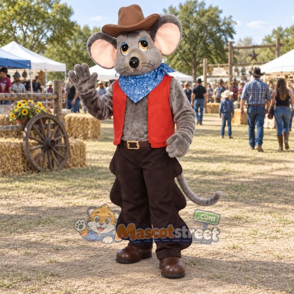 Gray Rat Mascot Costume with Red Vest and Cowboy Hat