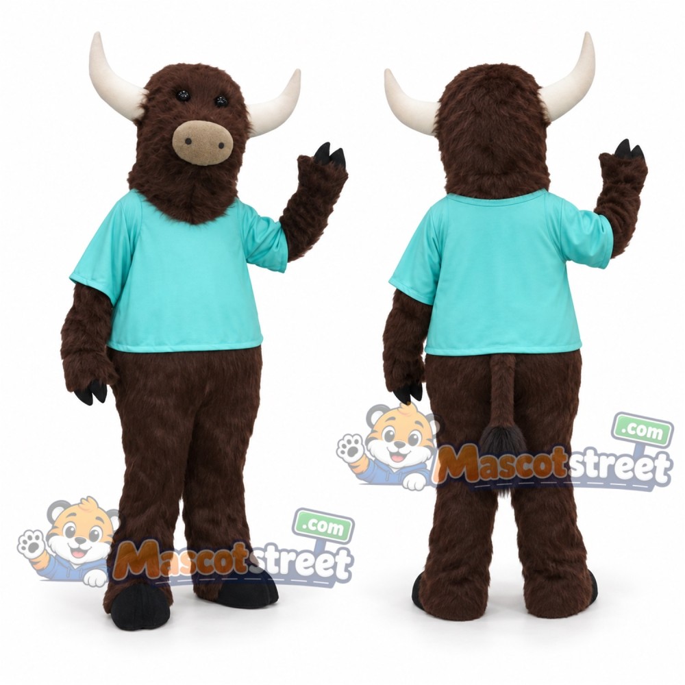 Brown Yak Mascot Costume with Teal Shirt