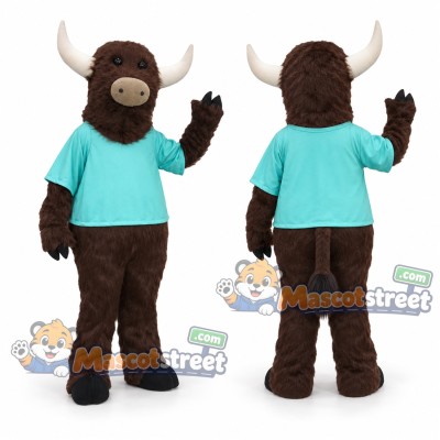 Brown Yak Mascot Costume with Teal Shirt