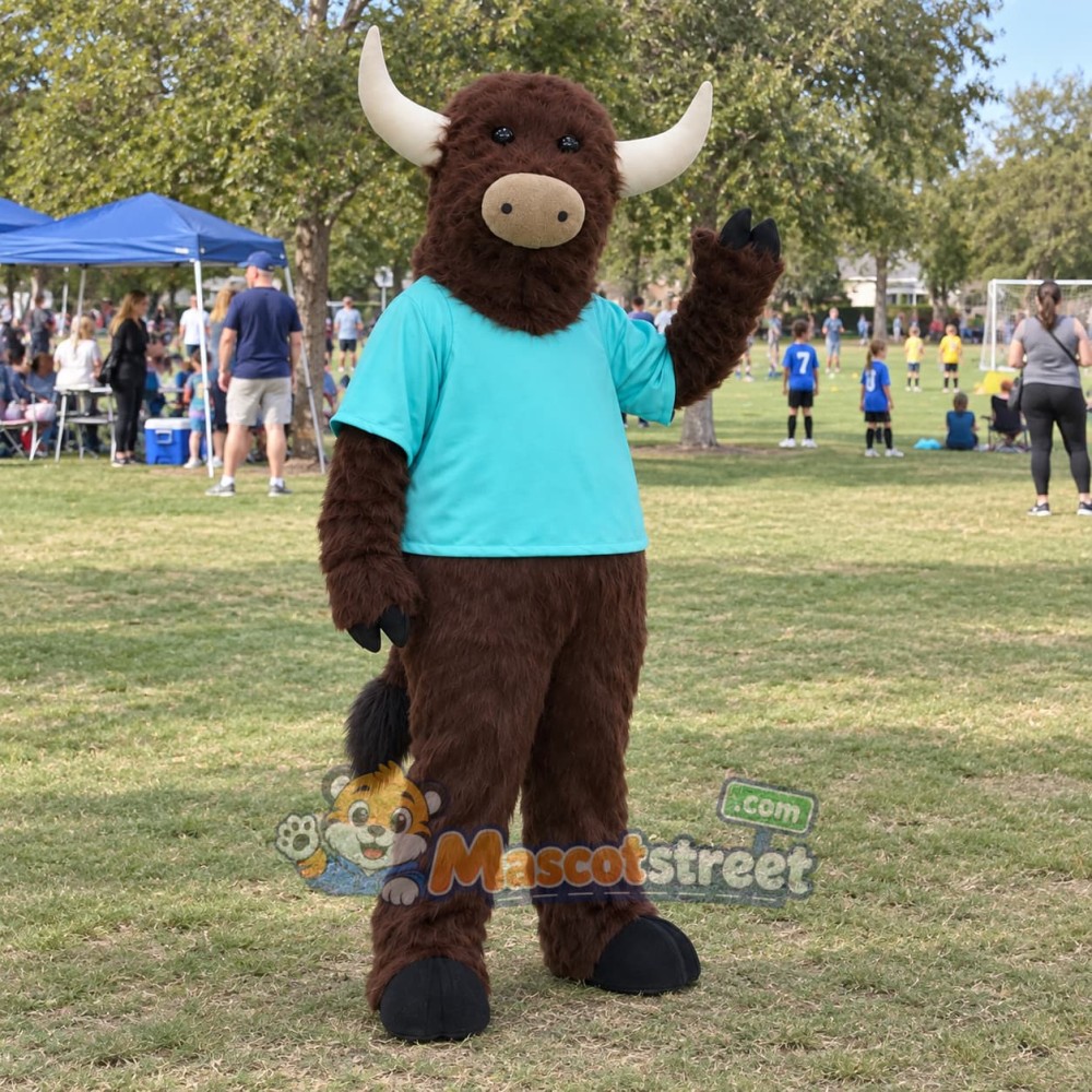 Brown Yak Mascot Costume with Teal Shirt
