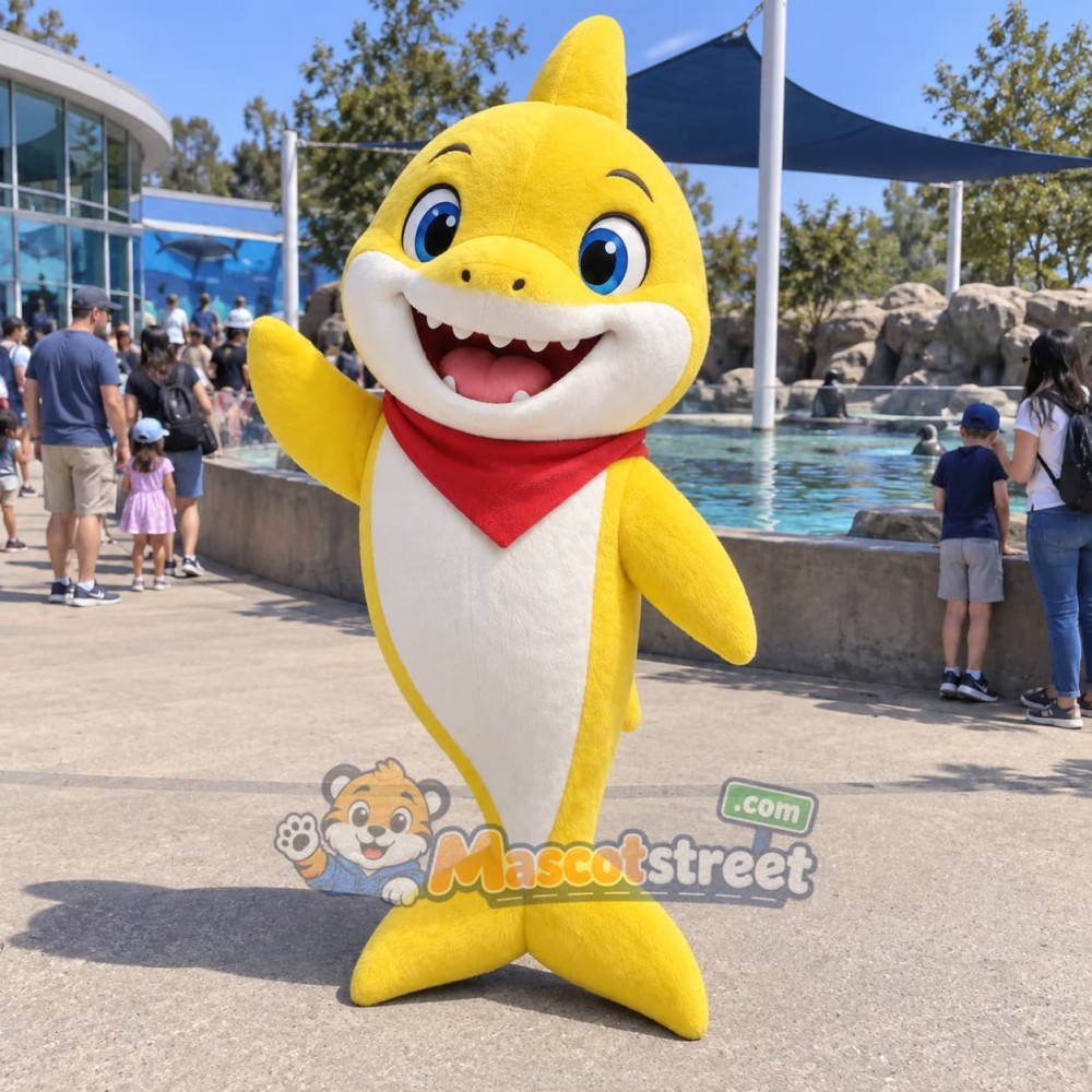 Yellow Shark Mascot Costume with Red Neck Scarf Yellow Shark Mascot Costume with Red Neck Scarf