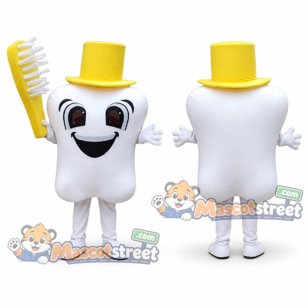 White Tooth Mascot Costume with Yellow Top Hat