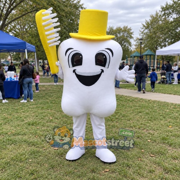 White Tooth Mascot Costume with Yellow Top Hat
