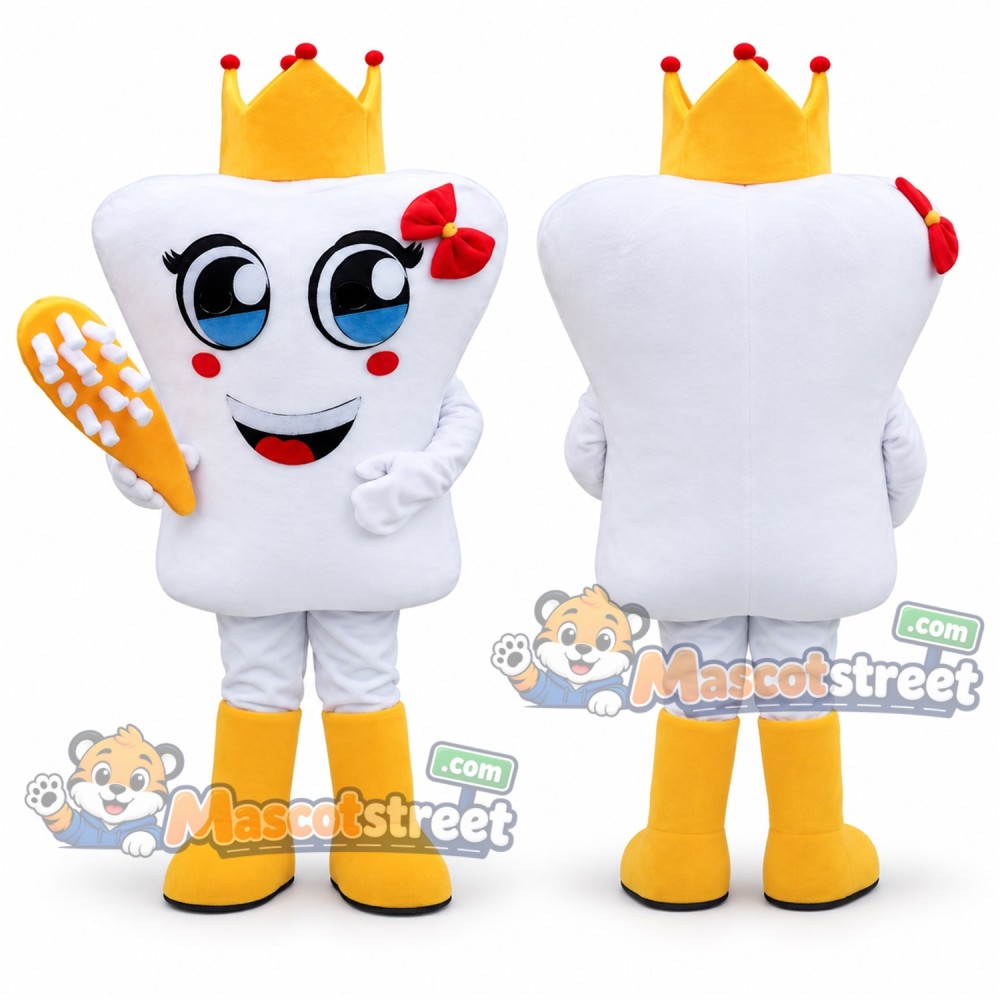 White Tooth Mascot Costume with Gold Crown White Tooth Mascot Costume with Gold Crown