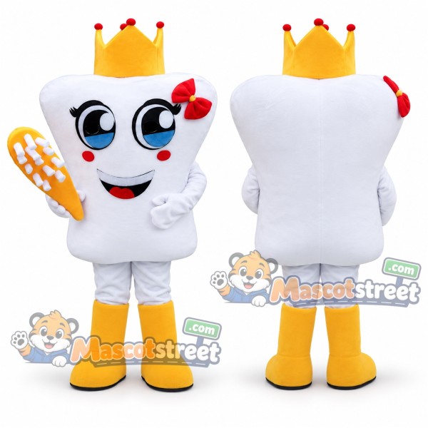 White Tooth Mascot Costume with Gold Crown