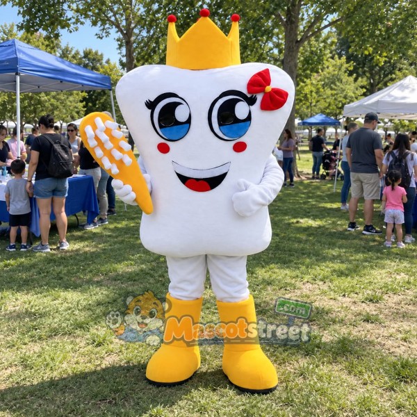 White Tooth Mascot Costume with Gold Crown