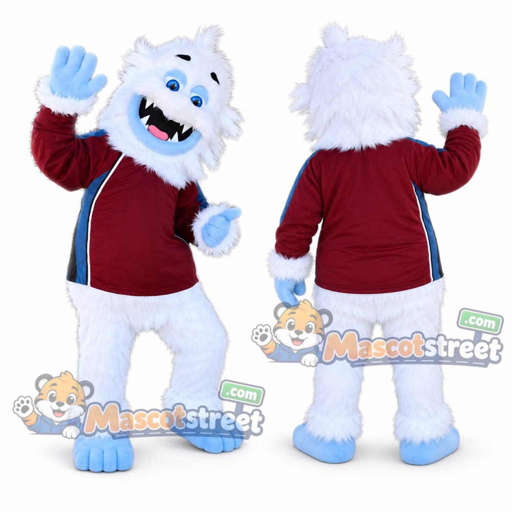 White Yeti Mascot Costume with Burgundy Jacket
