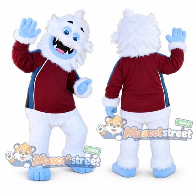White Yeti Mascot Costume with Burgundy Jacket