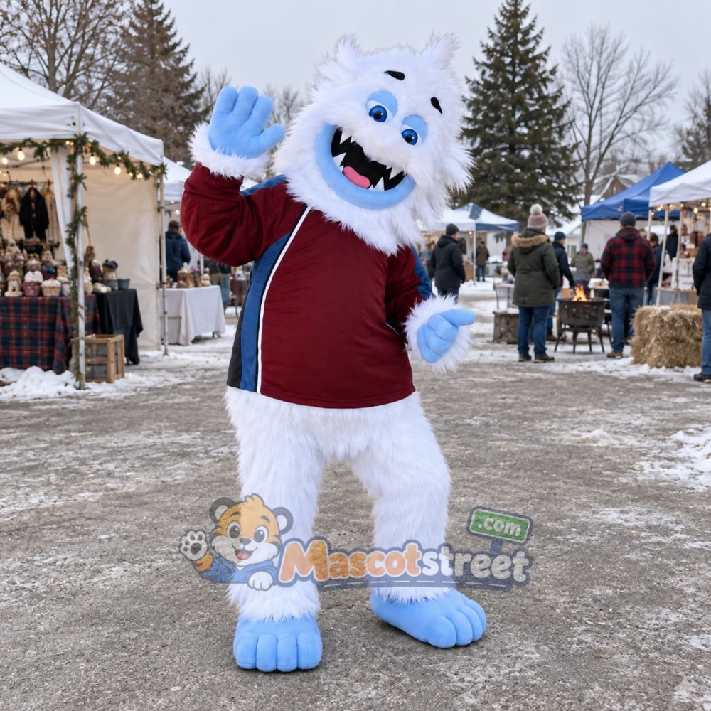 White Yeti Mascot Costume with Burgundy Jacket