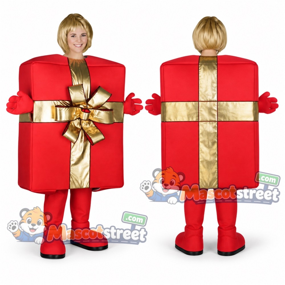 Red Gift Box Mascot Costume with Gold Ribbon Red Gift Box Mascot Costume with Gold Ribbon