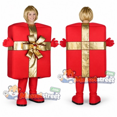 Red Gift Box Mascot Costume with Gold Ribbon Red Gift Box Mascot Costume with Gold Ribbon